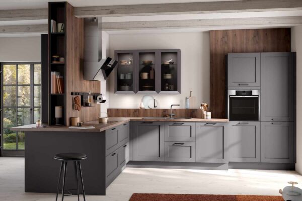 Concept130 Roma Graphit kitchen finished in grey with natural wood style worktops
